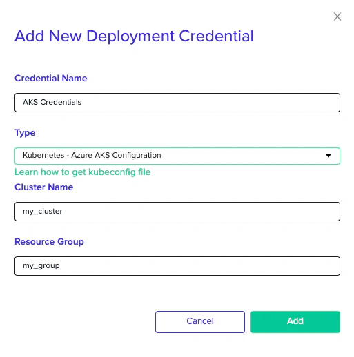 Azure AKS credential configuration form with cluster name and resource group fields