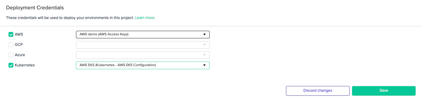 Project Settings Credentials tab with Kubernetes checkbox and EKS credential selected