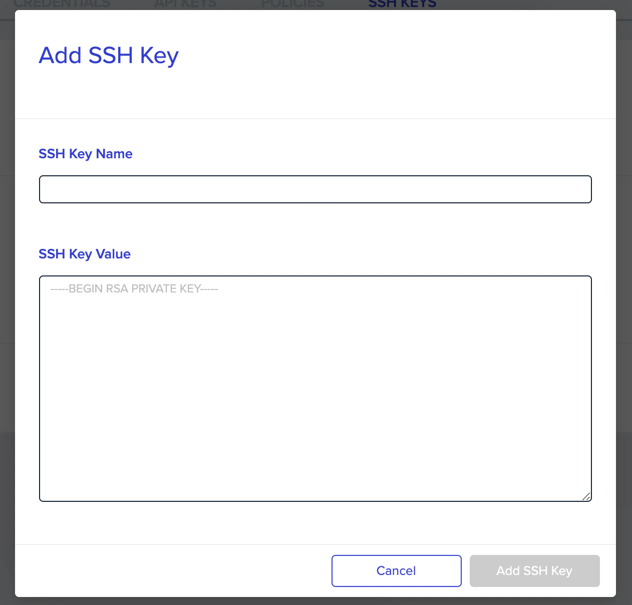Add new SSH Key dialog box with fields for SSH Key Name and SSH Key Value