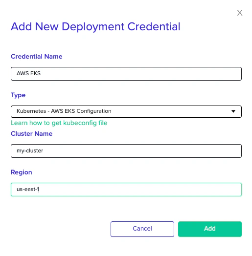 AWS EKS credential configuration form with cluster name and region fields