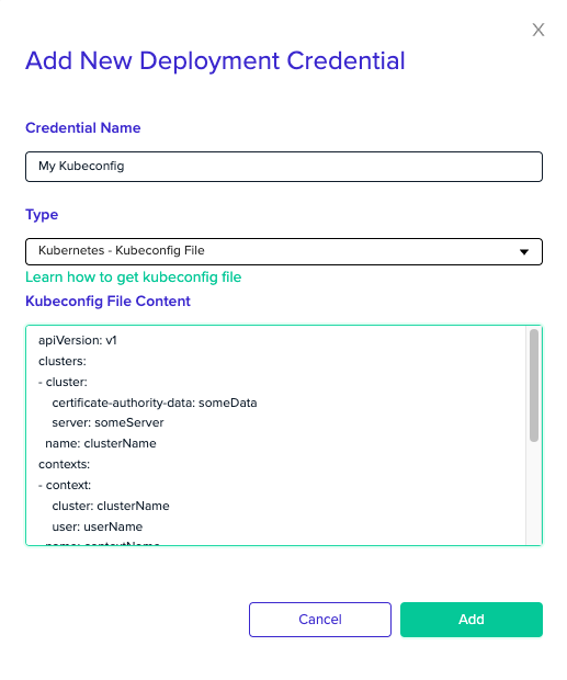 Kubernetes Kubeconfig File credential form with kubeconfig file paste area