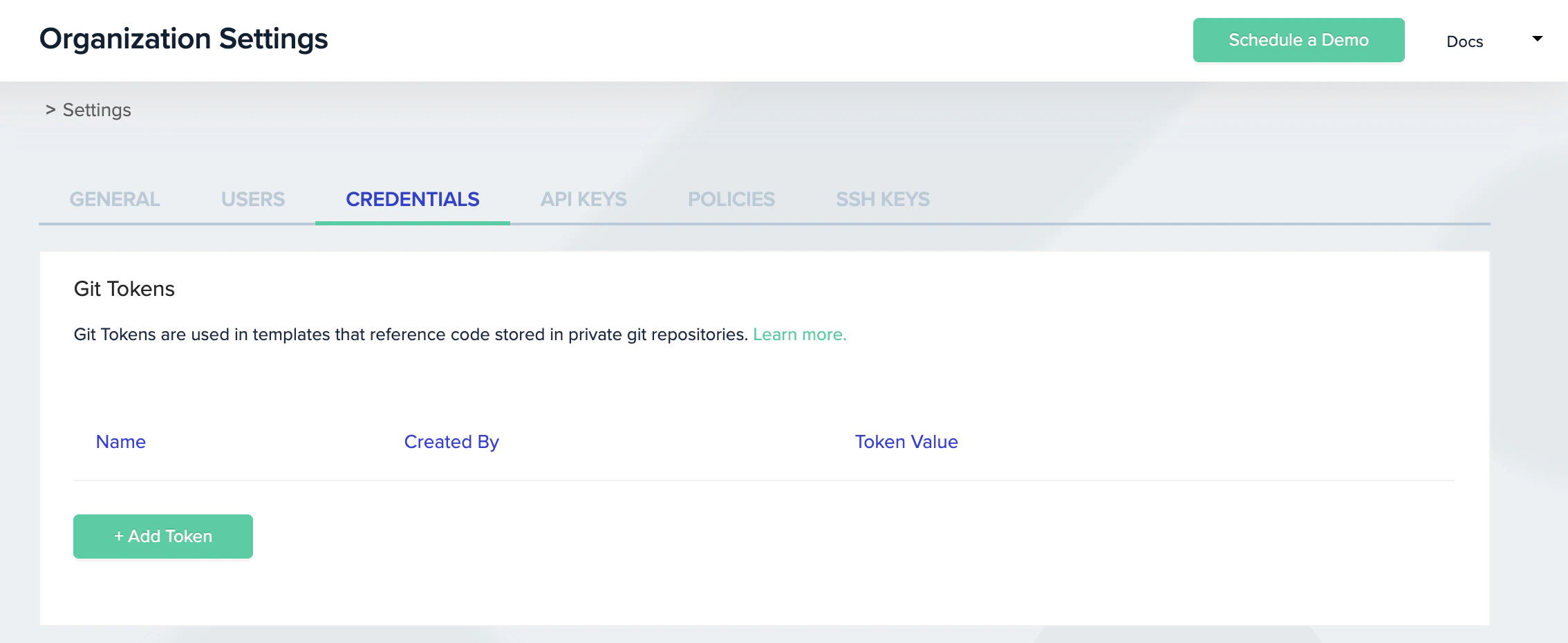 Organization Settings Credentials tab showing Git Tokens section