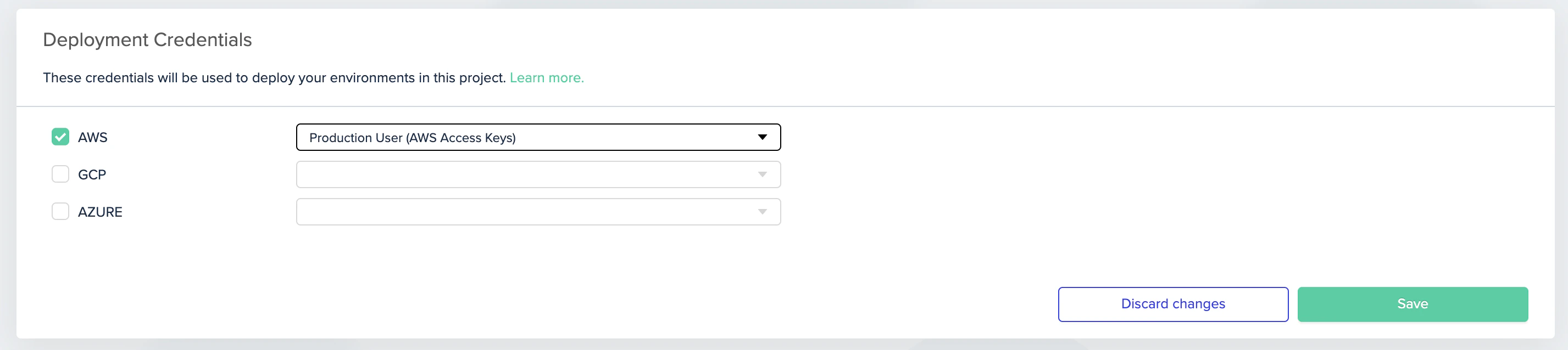 Project credentials interface showing AWS credential selection
