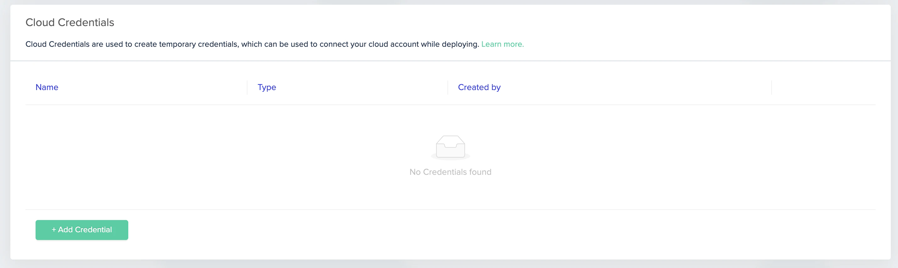 Deployment Credentials interface showing Add Credential button and credential management options