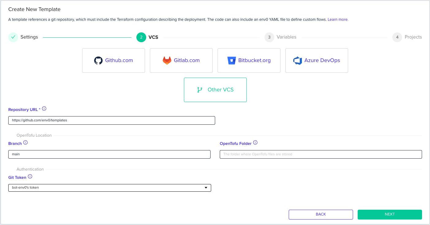 Other VCS configuration showing Repository URL field, Branch field, and SSH Keys dropdown