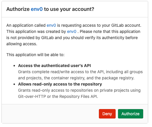GitLab OAuth authorization popup asking to grant the env zero application access to repositories