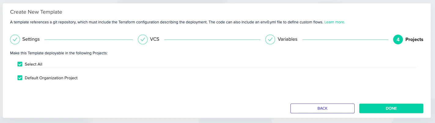 Template Projects step showing project checkboxes for associating the template