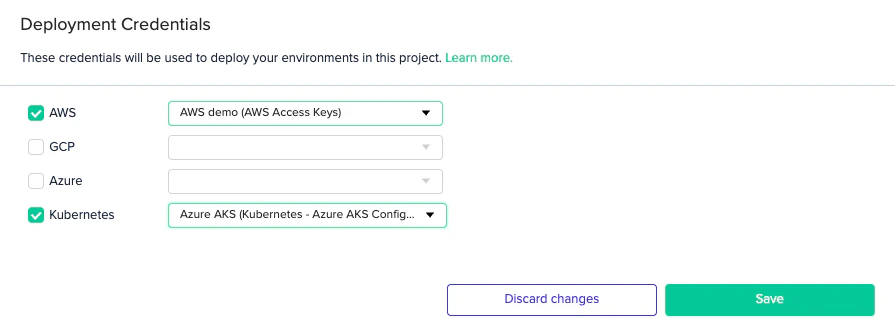 Project Settings Credentials tab with Kubernetes checkbox and AKS credential selected