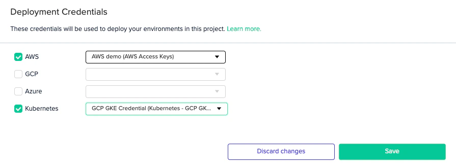 Project Settings Credentials tab with Kubernetes checkbox and GKE credential selected
