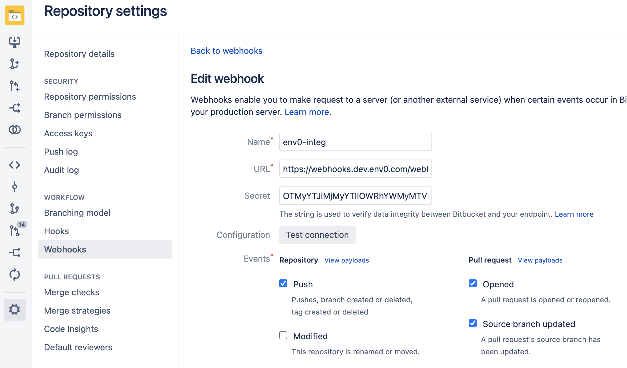 Bitbucket Server webhook creation interface