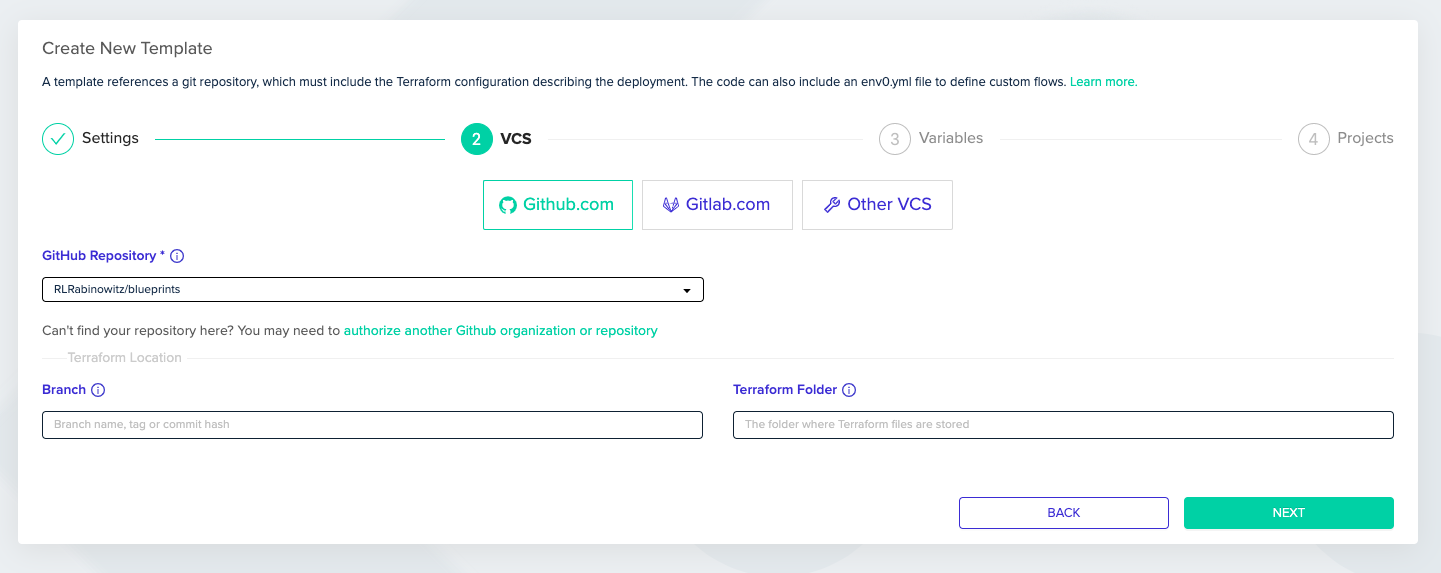 GitHub template creation interface