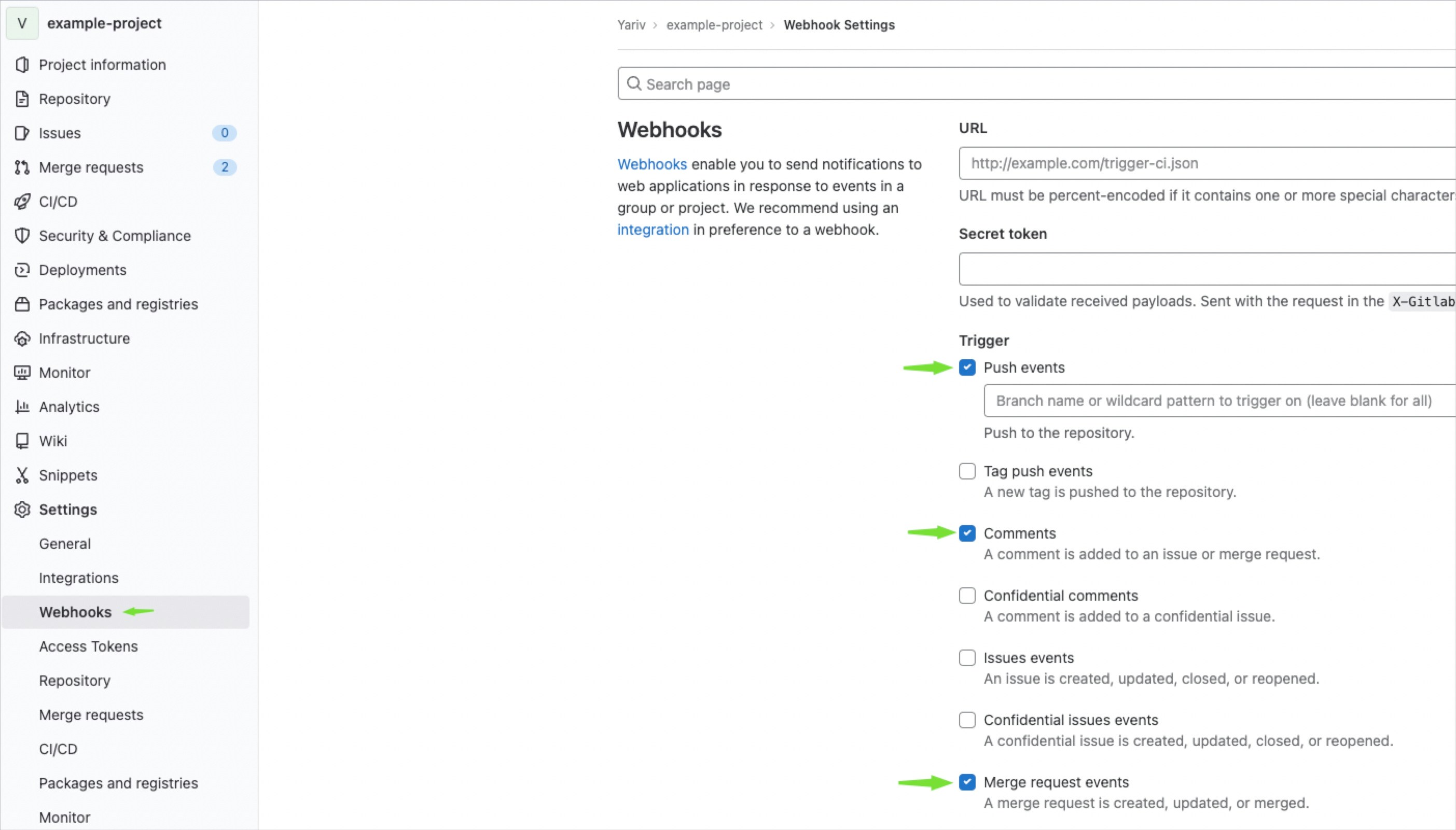 GitLab Enterprise webhook creation interface
