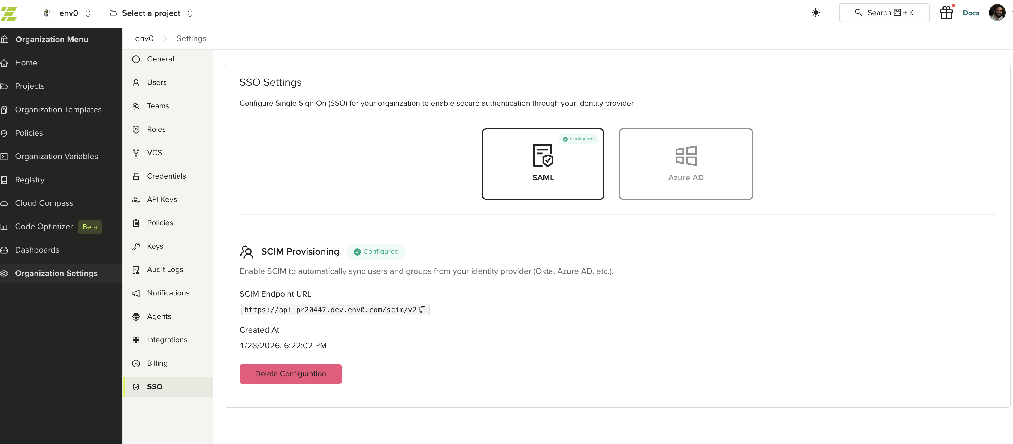SCIM Provisioning configured state showing endpoint URL and creation date