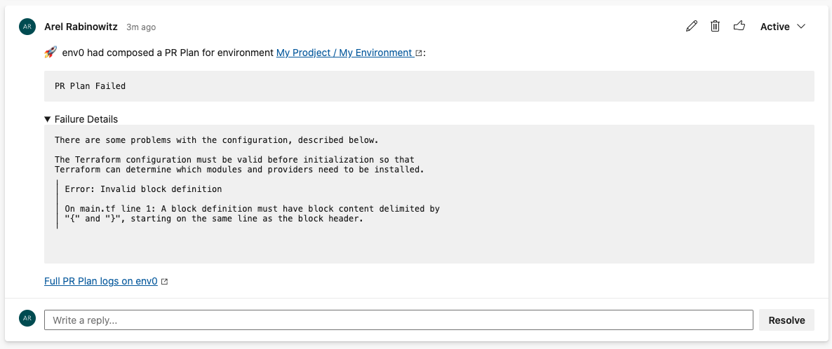 Azure DevOps PR plan failed