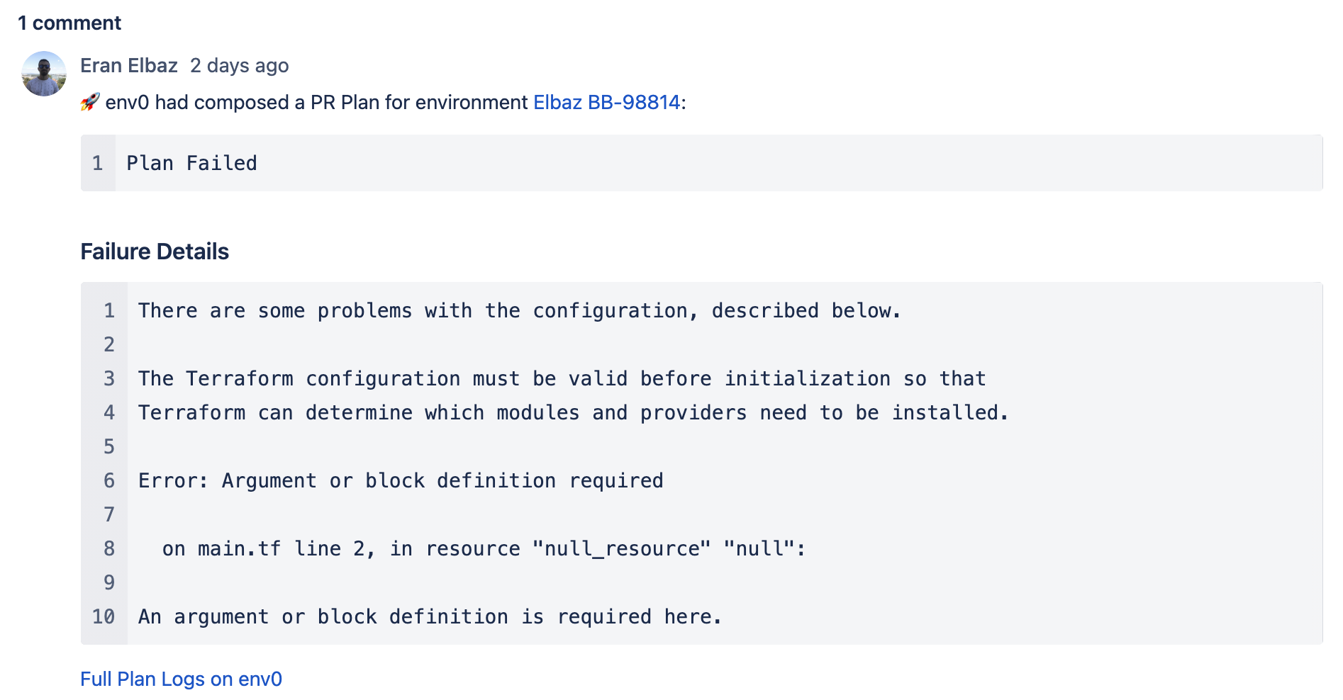 Bitbucket PR plan failed