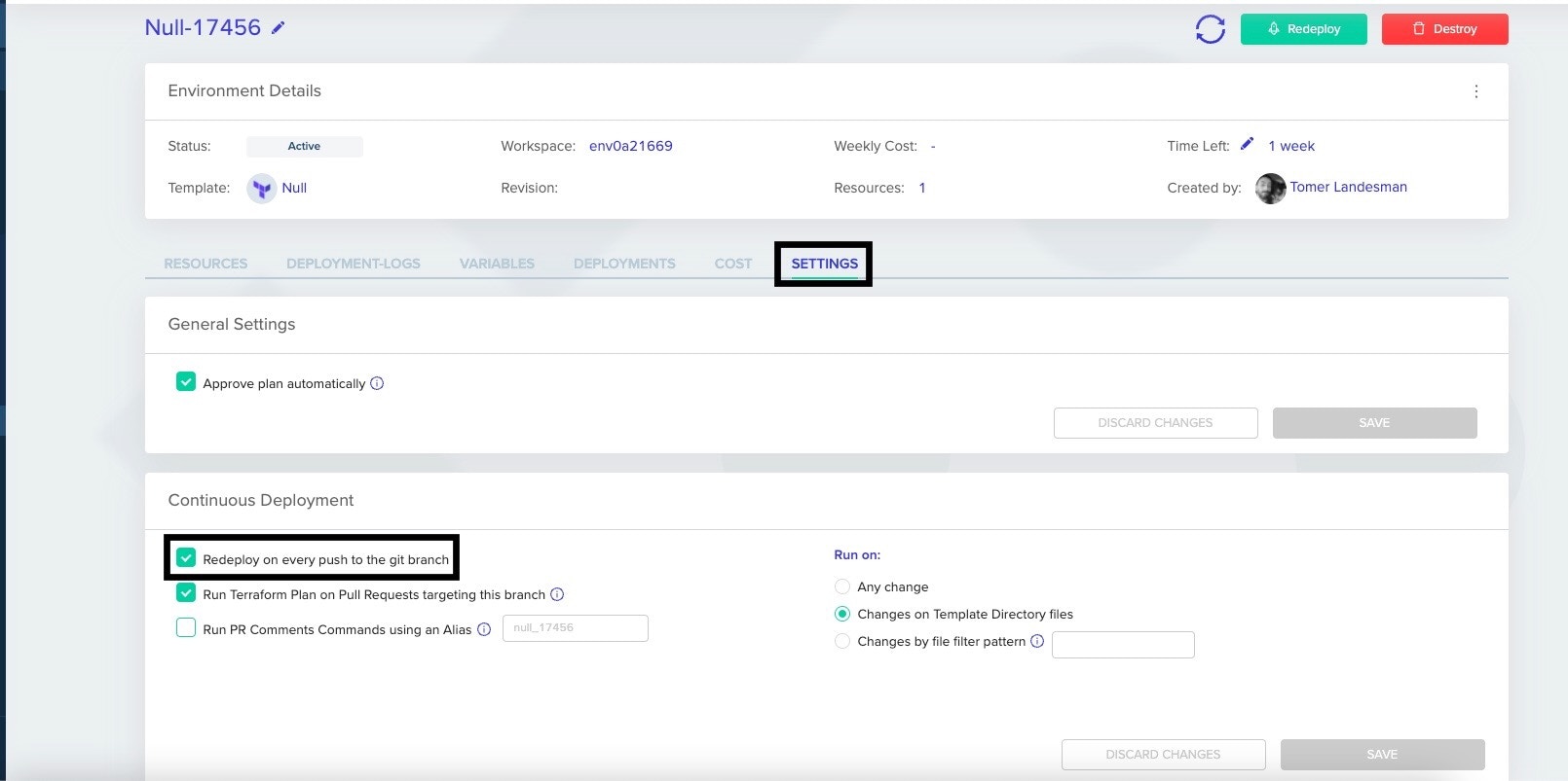 Edit existing environment settings for continuous deployment