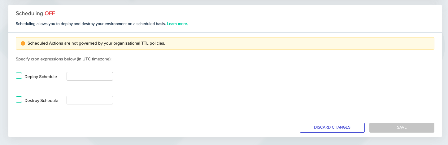 Environment scheduling configuration interface