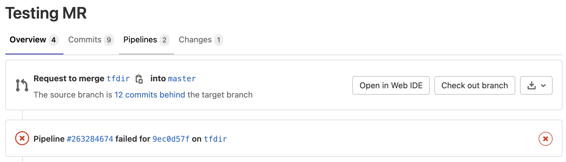 GitLab merge request with env zero pipeline status