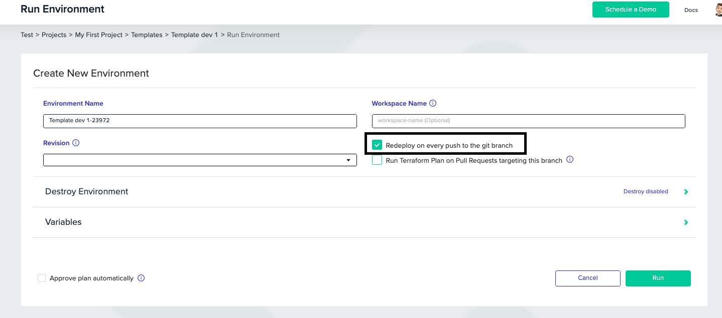 New environment deployment dialog with continuous deployment options