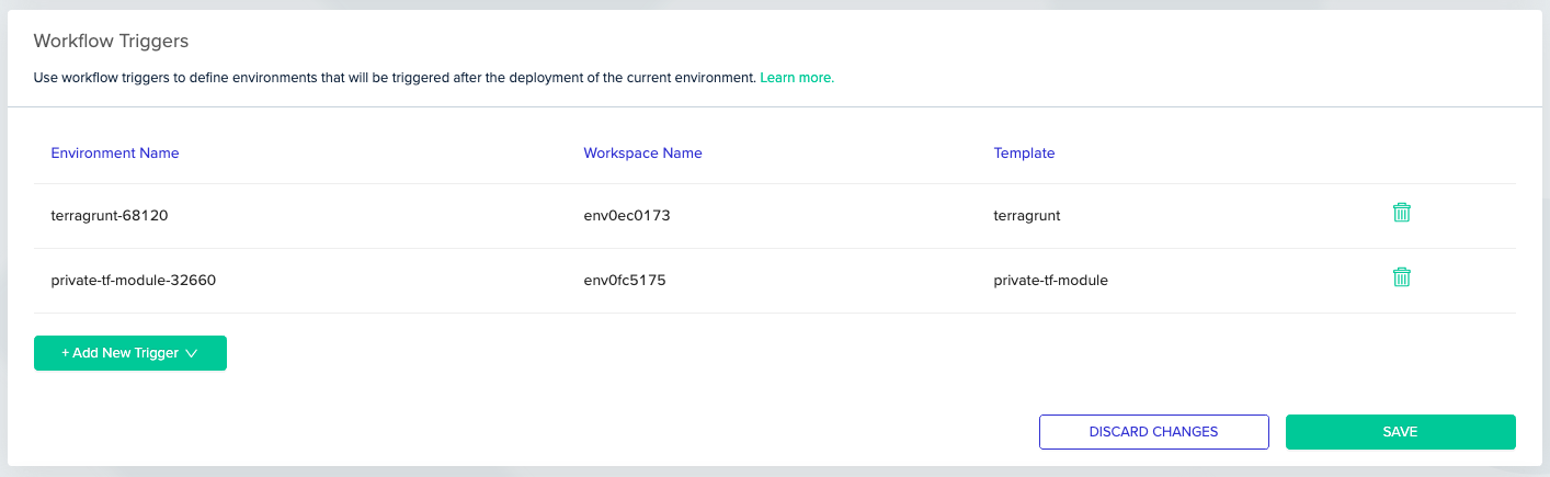 Workflow triggers configuration interface