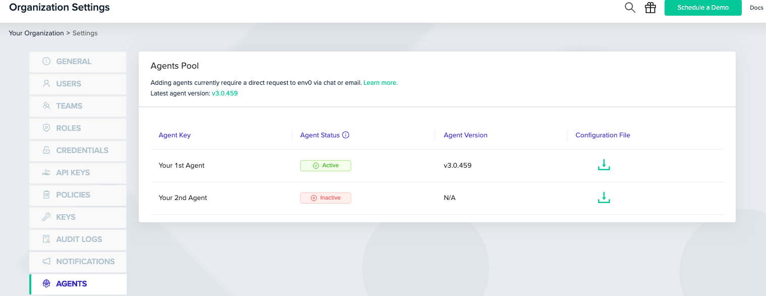 Organization Settings Agents tab