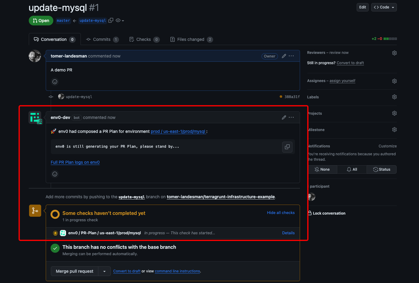 a PR Plan has started on env0