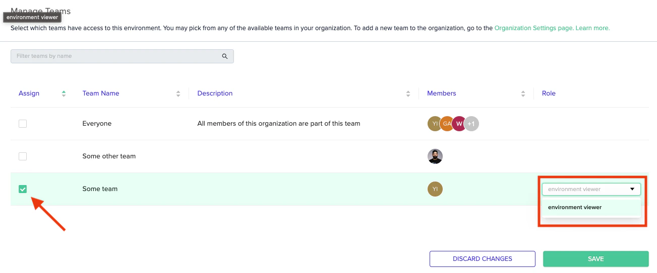 Access tab showing users table with checkbox selected and role dropdown to assign a role