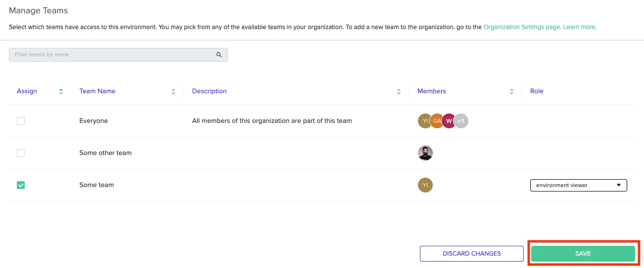 Access tab with Save button highlighted after assigning roles to users and teams