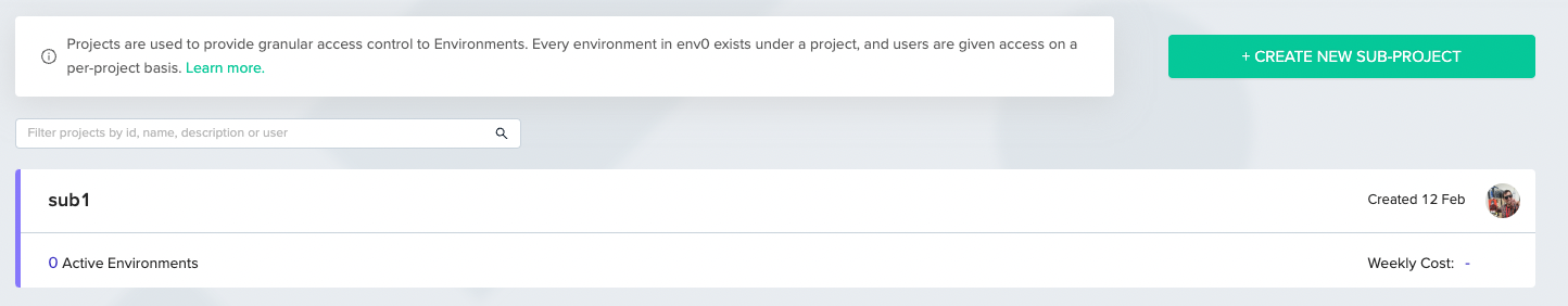 Create New Sub Project modal dialog with project configuration form