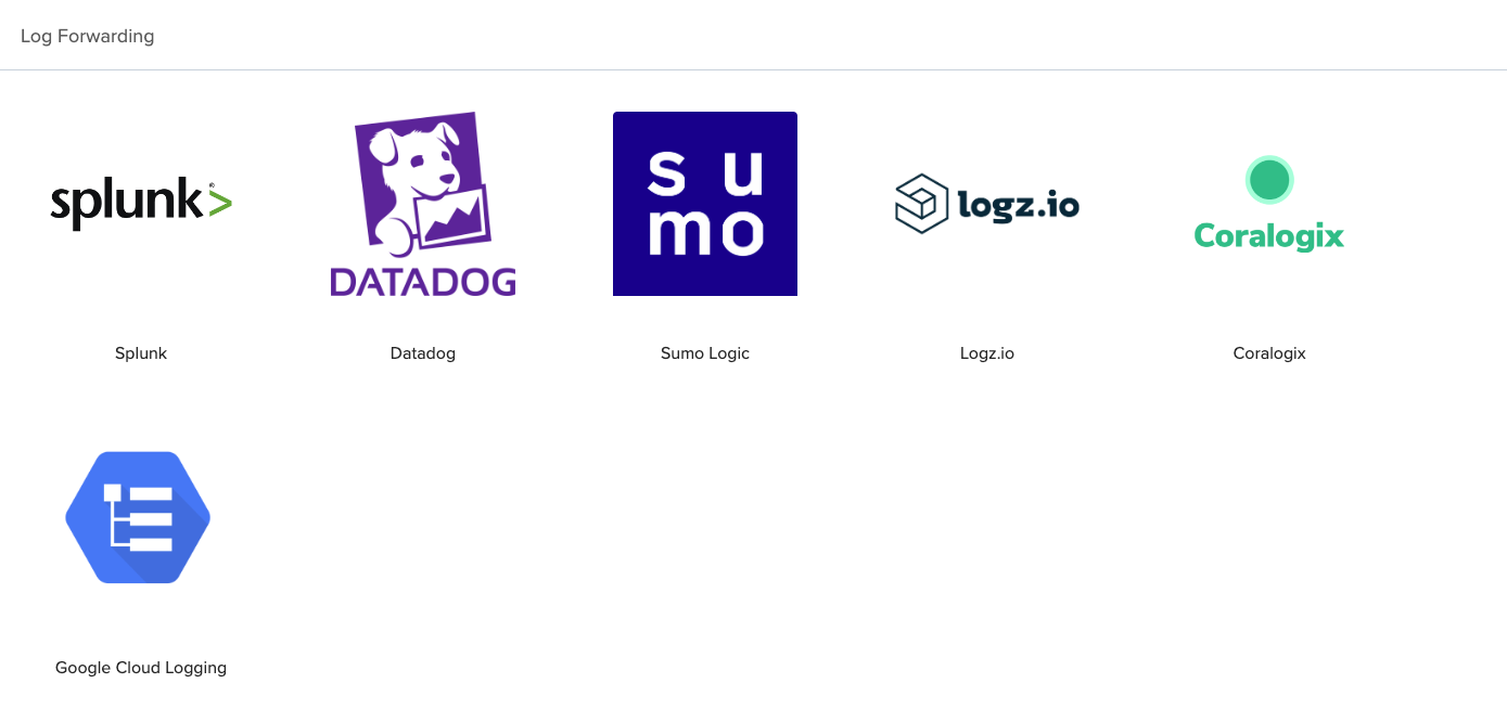 Log forwarding integrations overview showing supported platforms and configuration options