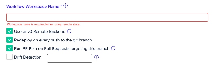 Workflow configuration interface showing remote backend settings for sub environments
