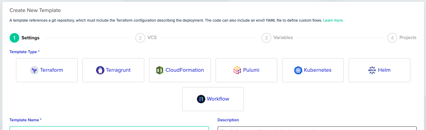 Helm template creation interface showing Helm as a deployment type option