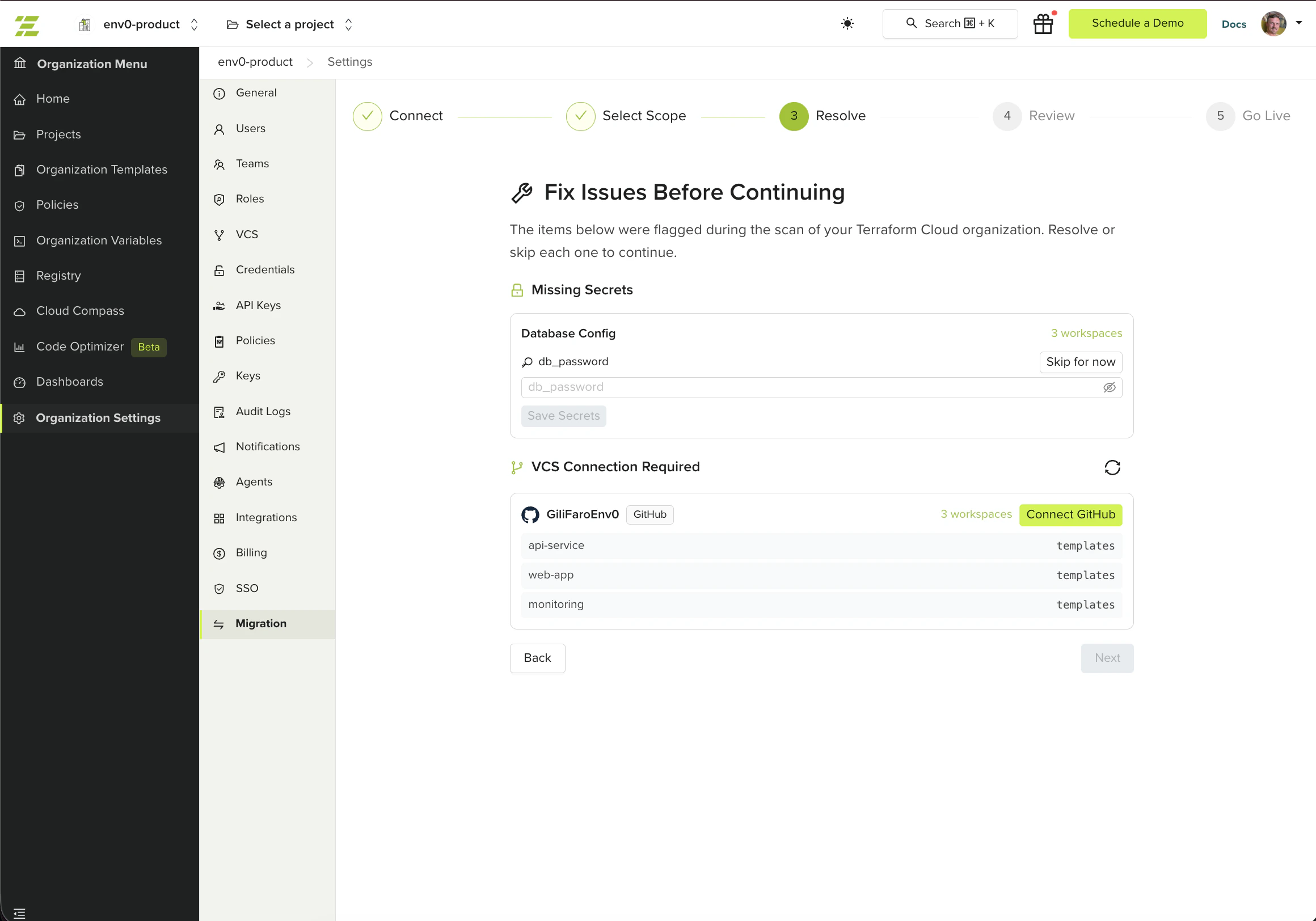 Resolve missing secrets and VCS connections