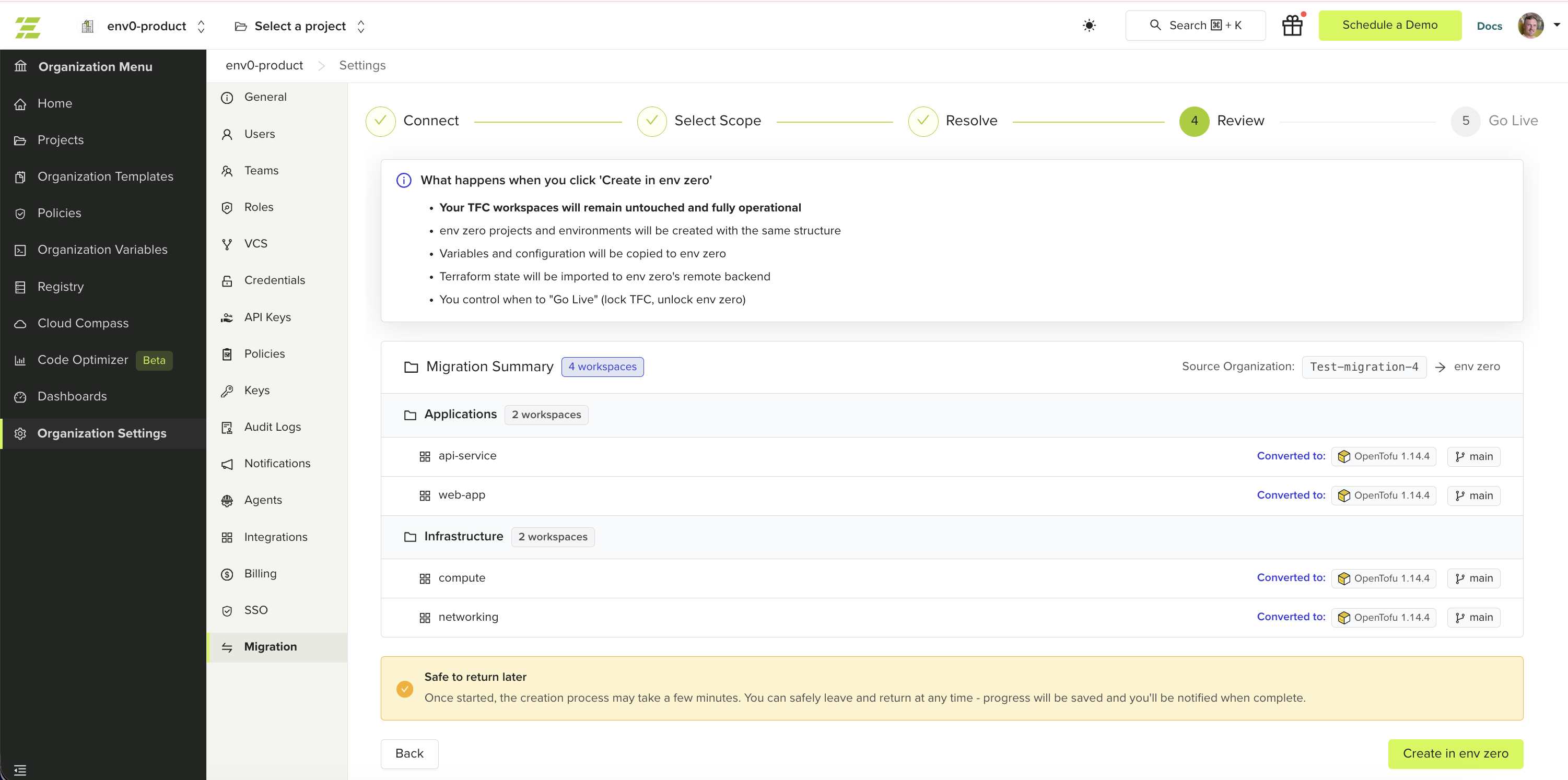 Step 3 - Review and Migrate - env zero docs