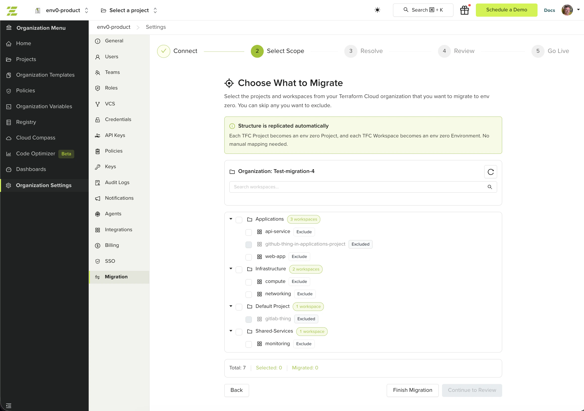 Select workspaces to migrate