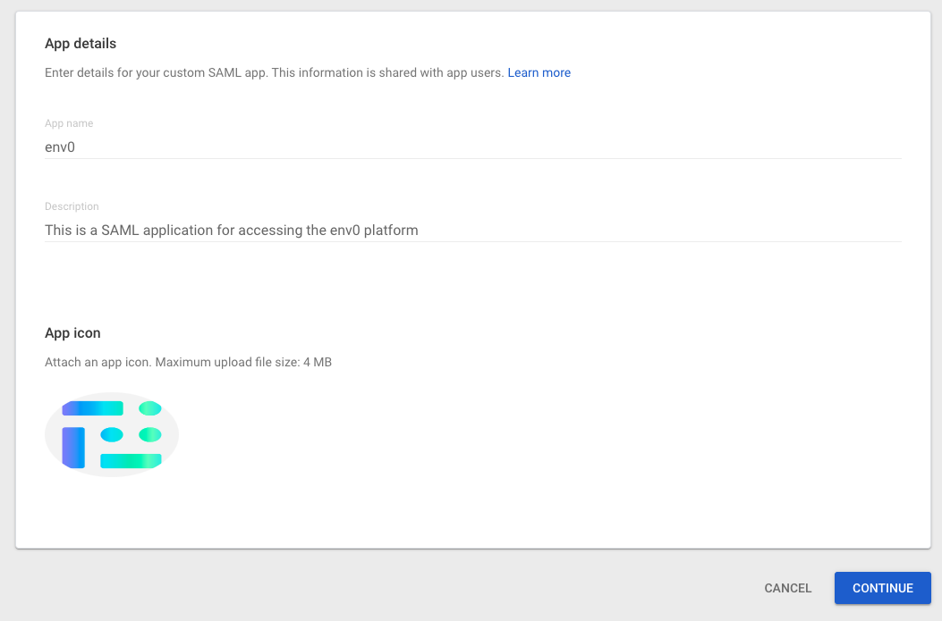 Google Workspace app details configuration showing custom SAML app setup form