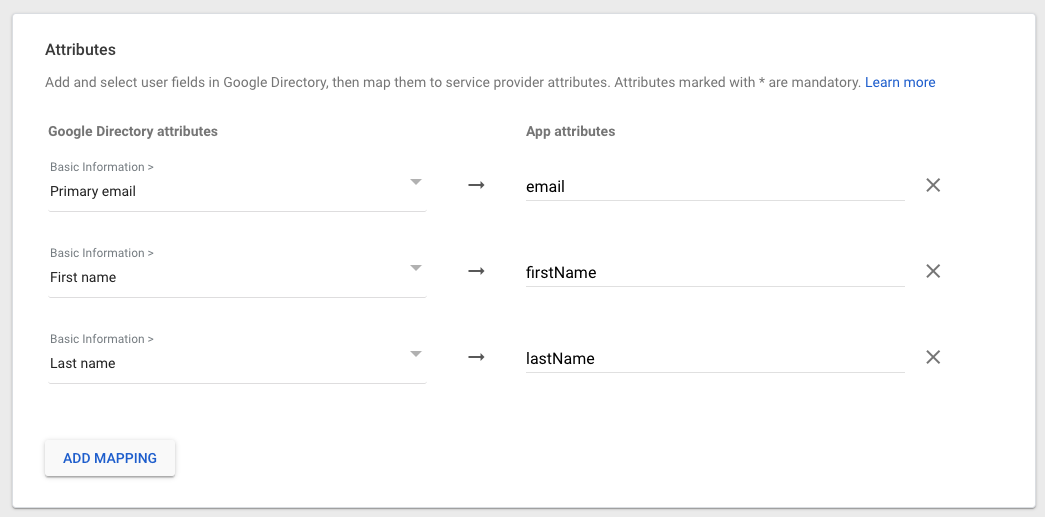 Google Workspace attributes mapping interface showing user attribute configuration for SAML