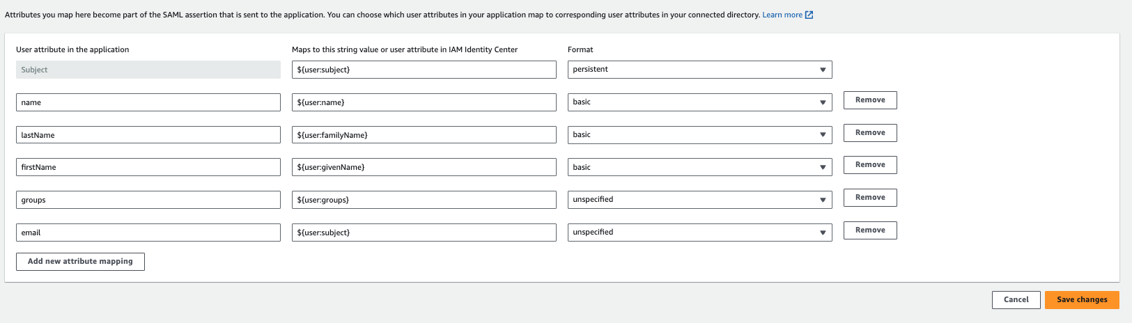 AWS SSO attribute mappings configuration showing user attribute settings for SAML integration