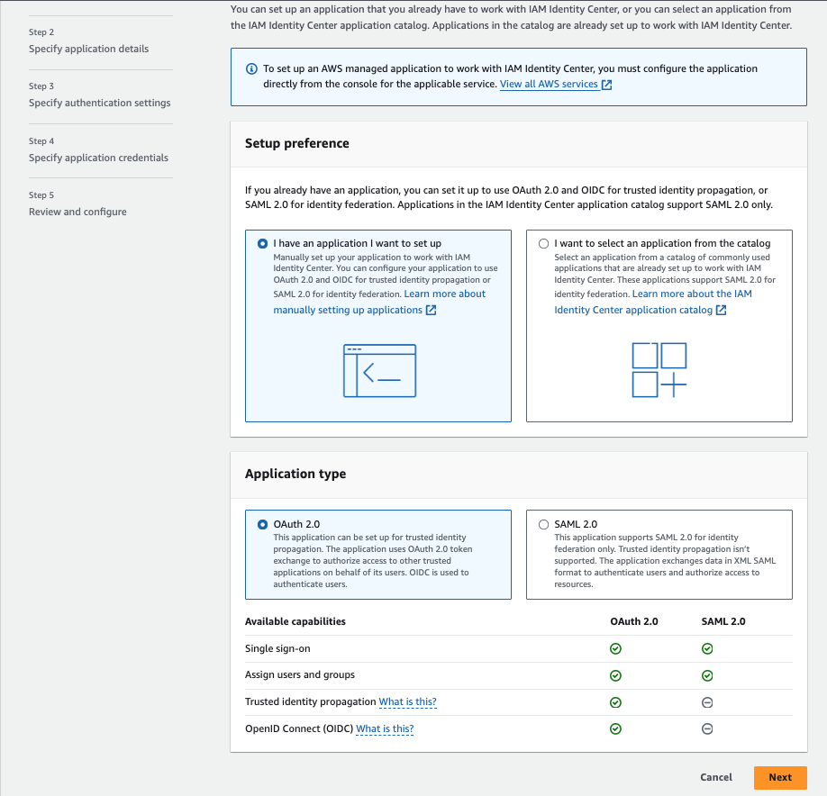 AWS SSO application setup interface showing SAML 2.0 selection option