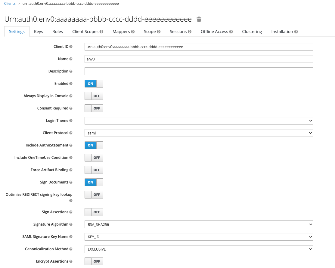 Keycloak client configuration interface showing SAML settings and authentication options