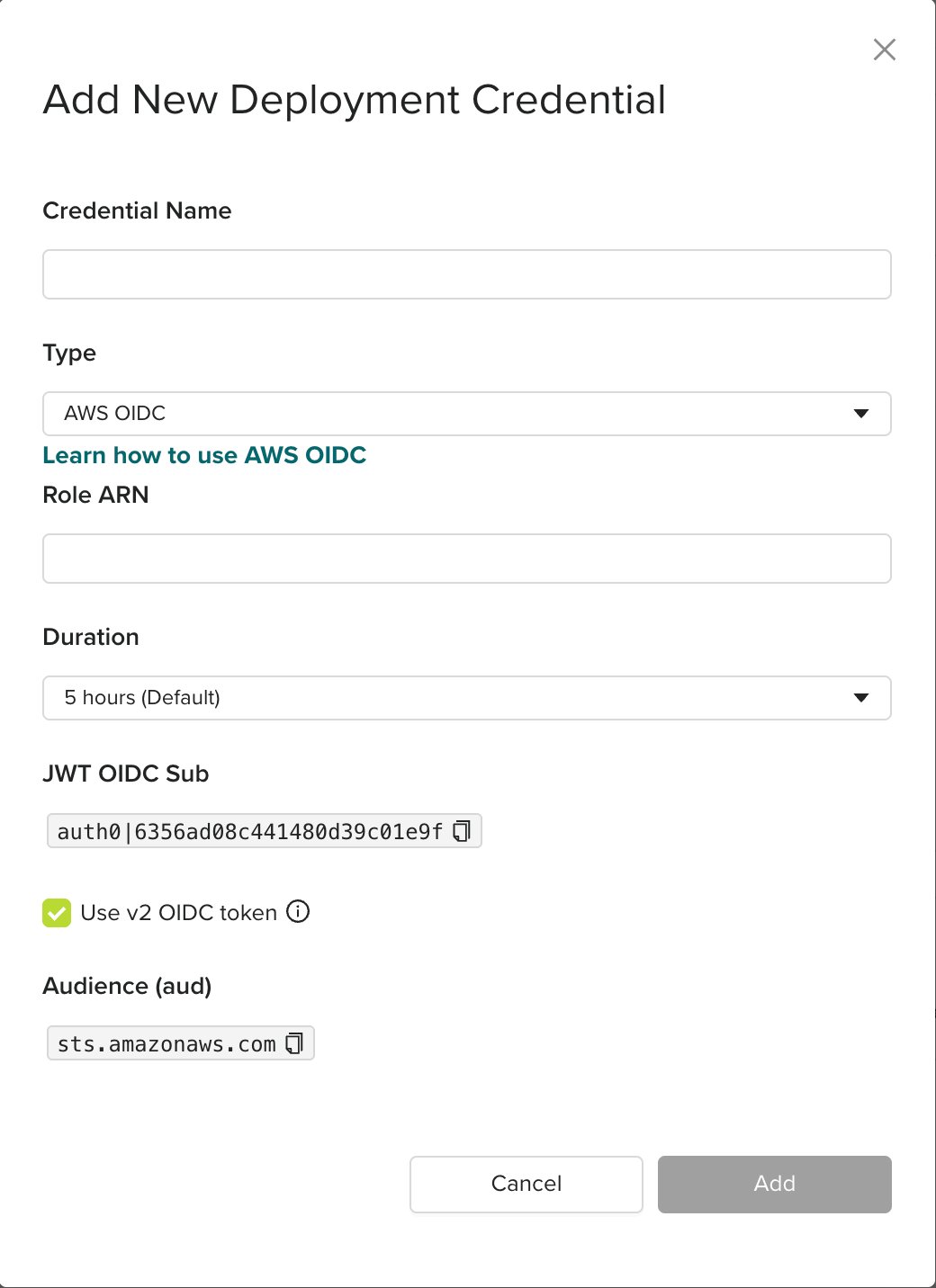 env zero AWS OIDC credential form with the Use v2 OIDC token checkbox enabled and Audience set to sts.amazonaws.com