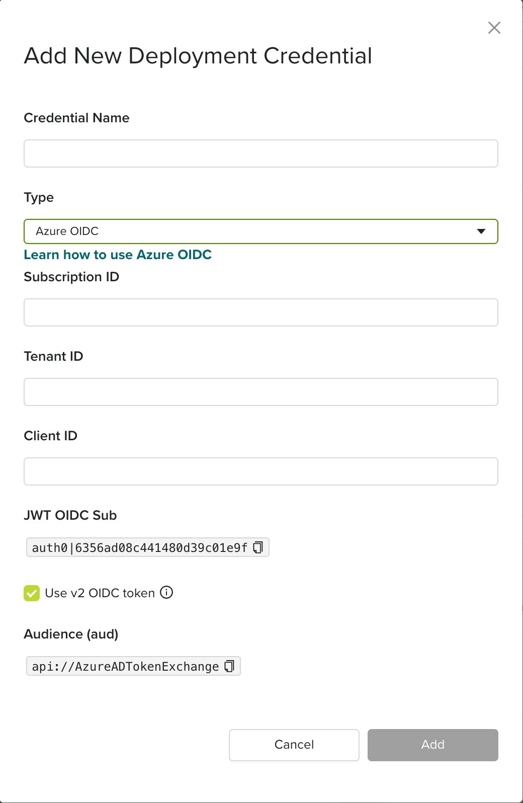 env zero Azure OIDC credential form with the Use v2 OIDC token checkbox enabled and Audience set to api://AzureADTokenExchange
