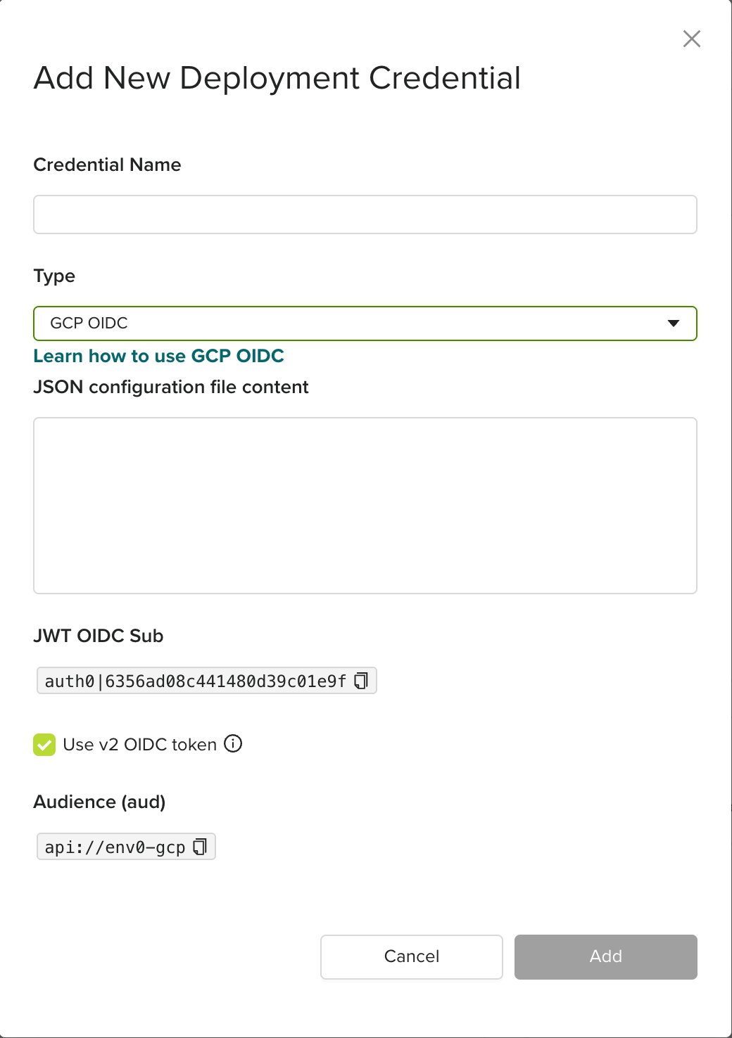 env zero GCP OIDC credential form with the Use v2 OIDC token checkbox enabled and Audience set to api://env0-gcp