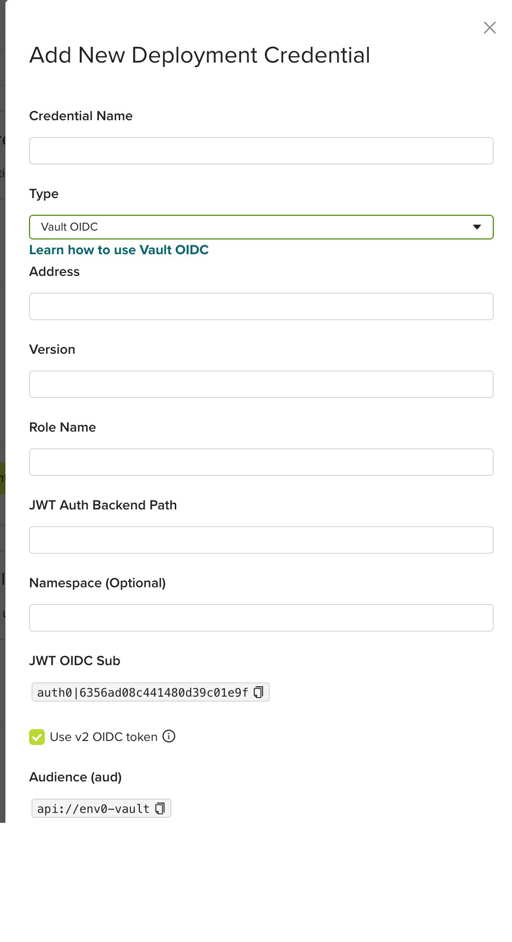 env zero Vault OIDC credential form with the Use v2 OIDC token checkbox enabled and Audience set to api://env0-vault