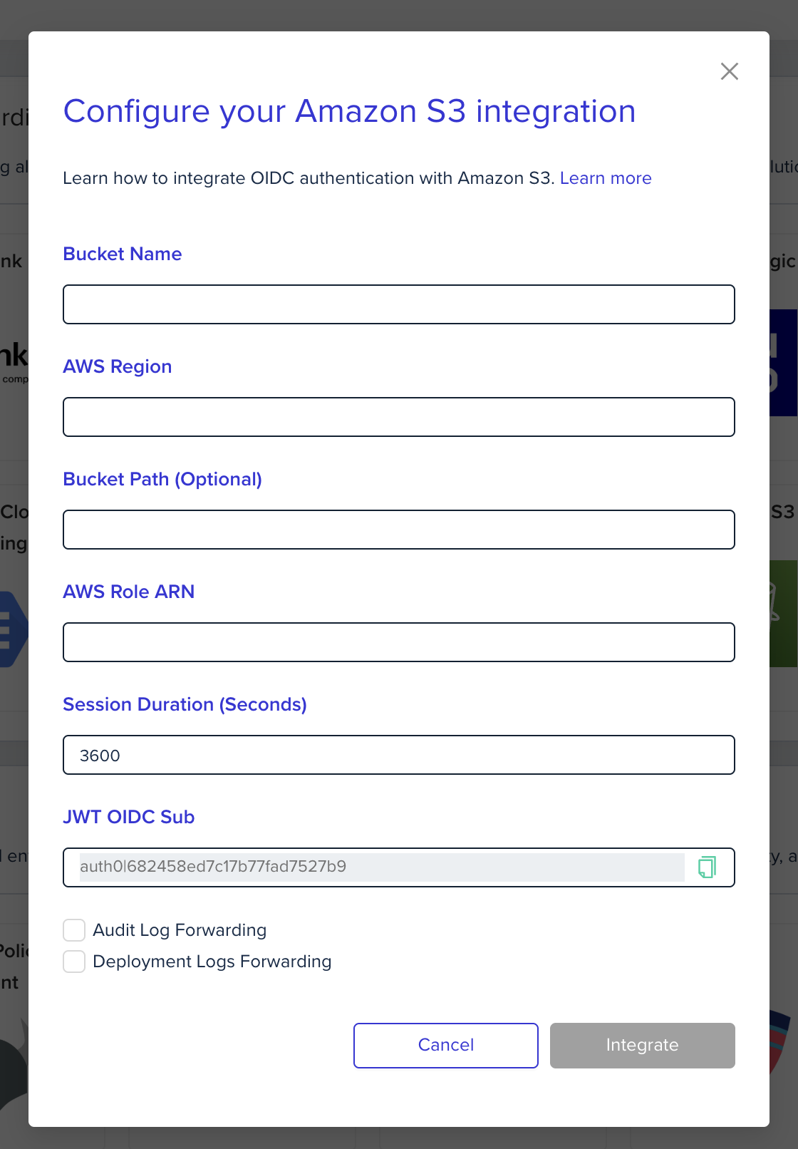 Log forwarding integration configuration form showing setup fields