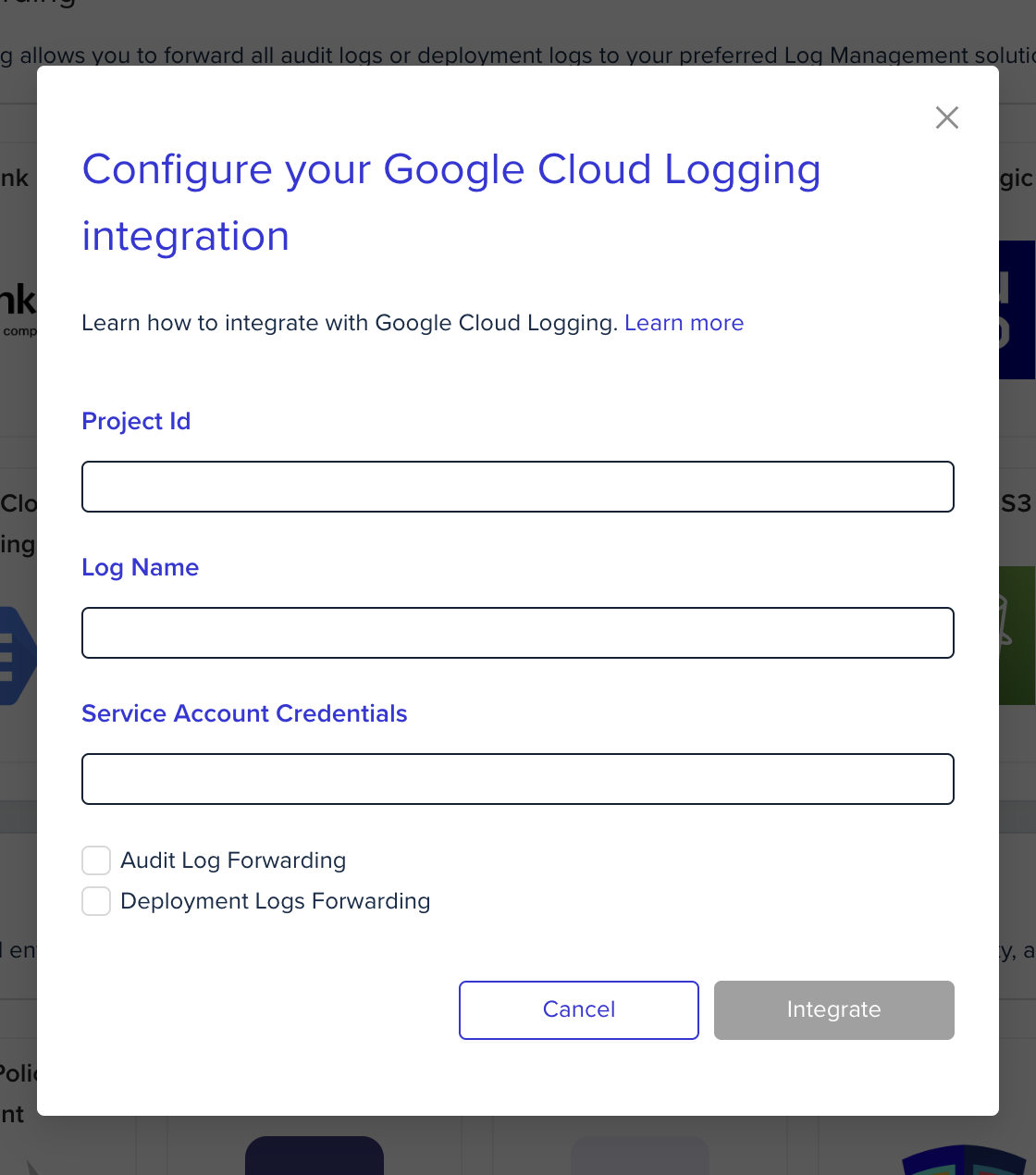 Log forwarding integration configuration form showing setup fields