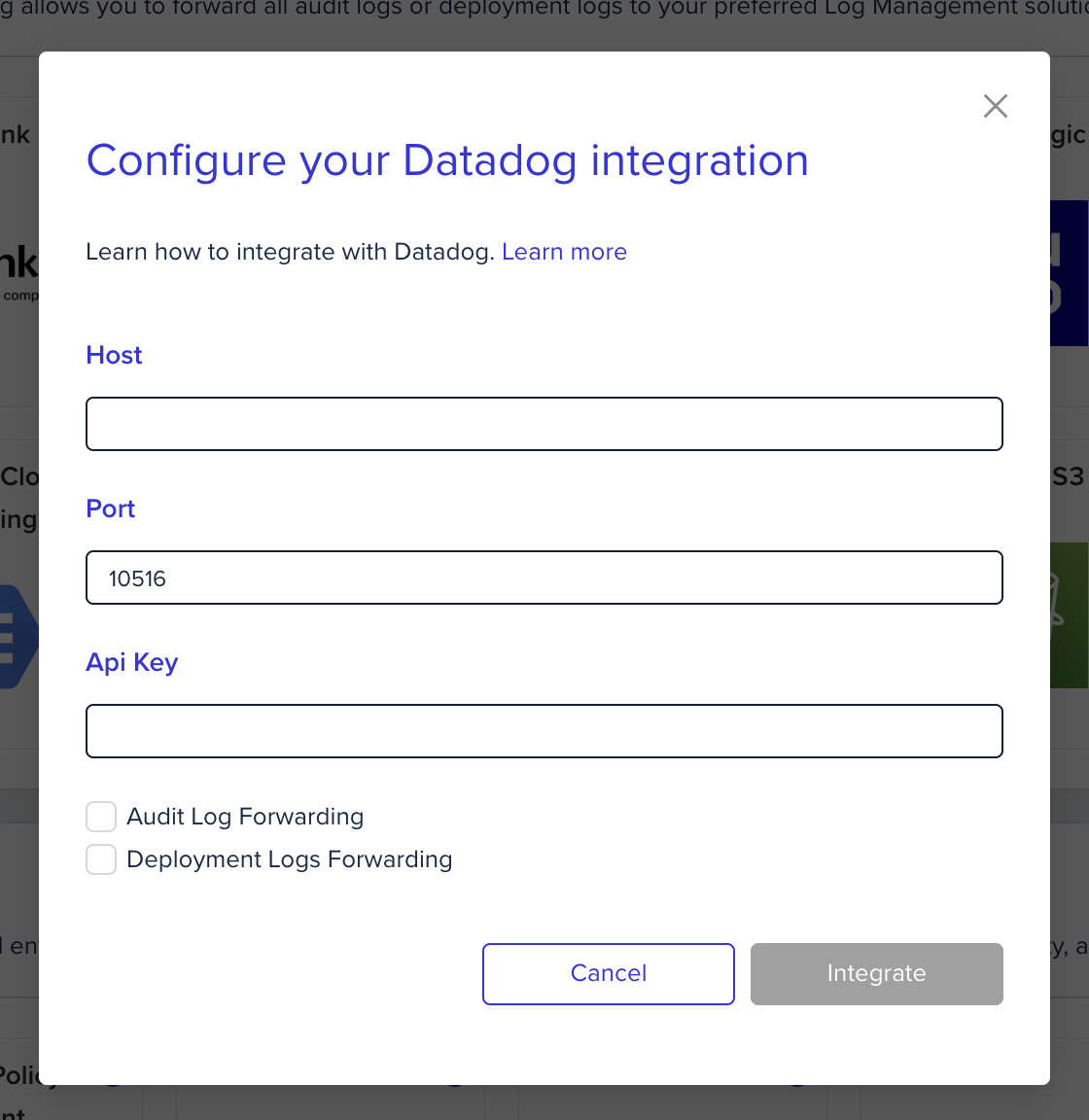 Datadog integration configuration form showing fields for Datadog setup in env0 organization