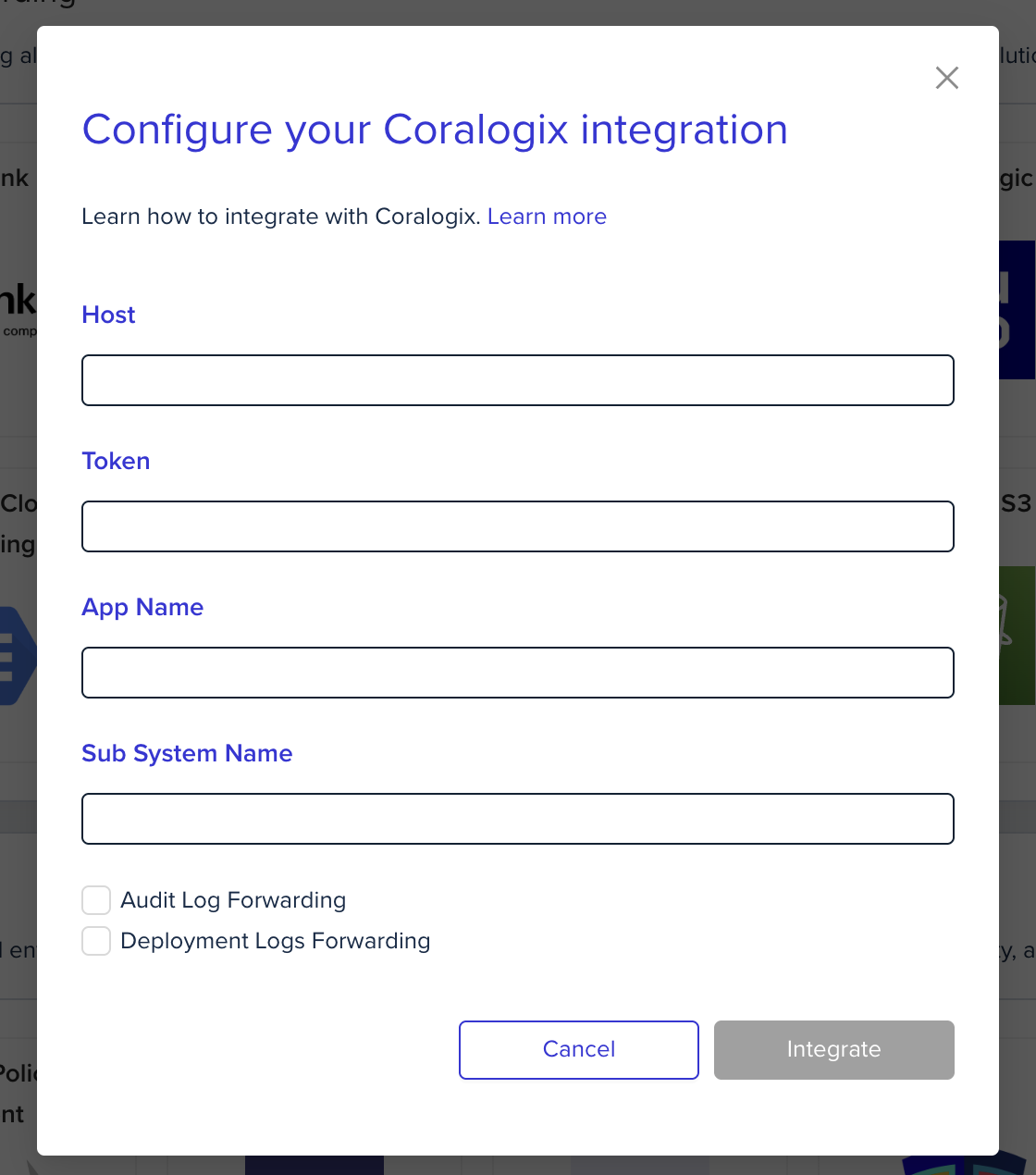 Log forwarding integration configuration form showing setup fields