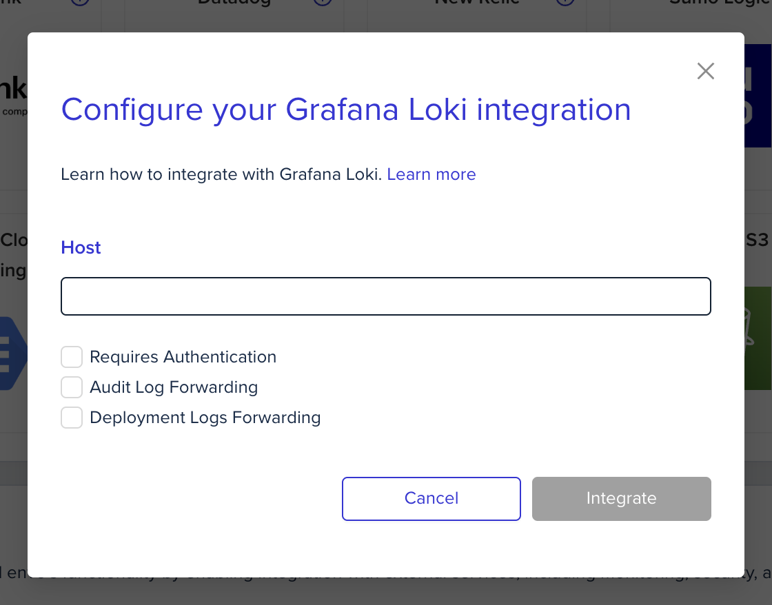 Log forwarding integration configuration form showing setup fields
