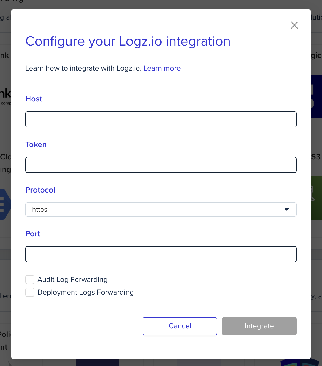 Log forwarding integration configuration form showing setup fields